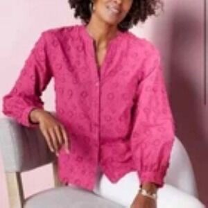 Soft Surroundings Top PXL Sunny Day Womens Pink Floral Button Up Long Sleeve